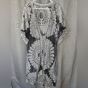Casa B Sheer Black Lace Tie Up Embroidered Kimono Beach Cover Up One Size
